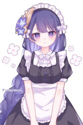 Rule 34 | 1girl, apron, ascot, black dress, black hairband, blush, bow, bow hairband, bowtie, braid, closed mouth, collared shirt, commentary, dress, english commentary, eyelashes, fantasy, flower, frilled apron, frilled hairband, frills, genshin impact, hair flower, hair ornament, hairband, hands on lap, head tilt, light frown, long hair, looking back, magic, maid, maid headdress, portrait, puffy short sleeves, puffy sleeves, purple eyes, purple flower, purple hair, raiden shogun, shirt, short dress, short sleeves, single braid, twitter username, very long hair, white apron, white ascot, white background, white bow, white bowtie, white flower, white shirt, yukomeow
