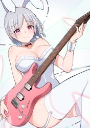 Rule 34 | 1girl, animal ears, bare shoulders, blush, breasts, cleavage, closed mouth, commentary request, fake animal ears, fingernails, fur-trimmed leotard, fur trim, garter straps, guitar, highres, holding, holding instrument, ibanez, instant (ioarthus), instrument, large breasts, leotard, looking at viewer, nail polish, original, pink nails, playboy bunny, purple eyes, rabbit ears, rabbit girl, silver hair, smile, solo, strapless, strapless leotard, thighhighs, thighs, white leotard, white thighhighs, wrist cuffs
