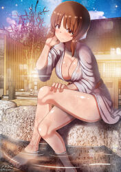 Rule 34 | 1girl, barefoot, blush, breasts, brown eyes, brown hair, cleavage, closed mouth, crossed legs, girls und panzer, highres, japanese clothes, kimono, large breasts, looking at viewer, megadeko, nishizumi miho, no bra, onsen, outdoors, short hair, sitting, smile, soaking feet, solo, water