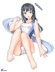 Rule 34 | 1girl, absurdres, alternate costume, artist logo, artist name, asashio (kancolle), bare legs, barefoot, black hair, blue eyes, blush, breasts, character name, collarbone, competition swimsuit, feet, full body, hair between eyes, highleg, highres, kantai collection, lips, long hair, looking at viewer, notchi, one-piece swimsuit, open mouth, simple background, sitting, small breasts, solo, swimsuit, tongue, towel, white background, white one-piece swimsuit