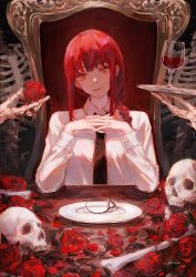 Rule 34 | 1girl, alcohol, black necktie, blunt bangs, bone, braid, buttoned cuffs, buttons, chainsaw man, chair, collared shirt, commentary, cup, drinking glass, elbows on table, flower, formal, head tilt, kei (keiuu), long hair, long sleeves, looking at viewer, makima (chainsaw man), necktie, own hands clasped, own hands together, plate, red flower, red hair, red rose, rose, shirt, sidelocks, signature, single braid, sitting, skeletal hand, skeleton, skull, smile, solo, table, upper body, white shirt, wine, wine glass, yellow eyes
