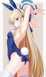 Rule 34 | 1girl, animal ears, armpits, arms up, ass, bare shoulders, blonde hair, blue archive, blue eyes, blue leotard, blush, breasts, cleavage, closed mouth, detached collar, double v, earpiece, fake animal ears, fake tail, hair ribbon, highleg, highleg leotard, highres, leotard, long hair, looking at viewer, nenosame, official alternate costume, playboy bunny, rabbit ears, rabbit tail, ribbon, small breasts, smile, solo, strapless, strapless leotard, tail, toki (blue archive), toki (bunny) (blue archive), v, very long hair, white wrist cuffs, wrist cuffs