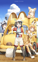 Rule 34 | 10s, 4girls, :d, animal ears, backpack, bag, bare shoulders, beige shorts, black gloves, black hair, black legwear, blonde hair, blue eyes, blue shirt, blush, boots, bow, bowtie, brown eyes, brown footwear, bucket hat, clenched hand, cloud, collarbone, common raccoon (kemono friends), copyright name, day, elbow gloves, fennec (kemono friends), fox ears, full body, gloves, grass, hair between eyes, hand on own thigh, hat, hat feather, head rest, head tilt, high-waist skirt, highres, holding, japari bus, kaban (kemono friends), kemono friends, legs apart, light smile, looking at viewer, lucky beast (kemono friends), multicolored hair, multiple girls, open mouth, outdoors, pantyhose, paw pose, pink sweater, raccoon ears, raised fist, red shirt, romaji text, serval (kemono friends), serval print, shadow, shirt, shoes, short hair, short sleeves, skirt, sky, sleeveless, sleeveless shirt, smile, standing, sweater, thighhighs, two-tone hair, unworn backpack, unworn bag, white footwear, white hair, white shirt, yellow bow, yellow bowtie, yuuri nayuta