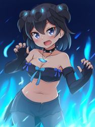 Rule 34 | 1girl, alternate costume, alternate hairstyle, bare shoulders, bird girl, bird tail, bird wings, black gloves, black hair, black pantyhose, black shirt, black shorts, blue bow, blue eyes, blue nails, blue pantyhose, bow, cerberus (kemono friends), cerberus (kemono friends) (cosplay), claw pose, collar, commentary request, cosplay, cowboy shot, crop top, cutoffs, elbow gloves, fingerless gloves, gloves, hair between eyes, head wings, highres, jewelry, kemono friends, midriff, nail polish, navel, necklace, pantyhose, pantyhose under shorts, shiraha maru, shirt, short hair, short shorts, shorts, sleeveless, solo, spiked collar, spikes, superb bird-of-paradise (kemono friends), tail, wings