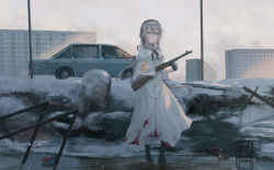Rule 34 | 1girl, apartment, black footwear, blood, blood on clothes, blush, boots, building, can, car, chihuri, closed mouth, commentary request, dress, gloves, grey eyes, grey hairband, gun, hair between eyes, hairband, highres, holding, holding gun, holding weapon, long hair, long sleeves, motor vehicle, original, outdoors, ppsh-41, silver hair, smile, snow, snowing, solo, standing, standing on one leg, submachine gun, tire, vehicle request, very long hair, water, weapon, white dress, white gloves, wide sleeves