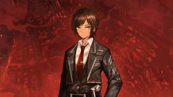 Rule 34 | 1girl, belt, black belt, black jacket, black vest, brown hair, closed mouth, collared shirt, ear piercing, game cg, highres, jacket, lapels, limbus company, long sleeves, looking at viewer, nai ga, necktie, notched lapels, official art, orange eyes, outis (project moon), piercing, project moon, red necktie, shirt, short hair, solo, tie clip, upper body, vest, white shirt, wing collar