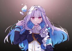 Rule 34 | 1girl, blue hair, braid, collared shirt, colored inner hair, commentary request, earpiece, floating hair, half updo, highres, kashikaze, lize helesta, long hair, long sleeves, looking at viewer, microphone, multicolored hair, nijisanji, parted lips, purple eyes, shirt, sidelocks, solo, tiara, two-tone hair, upper body, virtual youtuber, white hair, white shirt