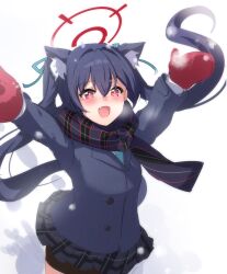 Rule 34 | 1girl, animal ears, arms up, black hair, black jacket, black skirt, blazer, blue archive, blush, buttons, cat ears, cowboy shot, extra ears, fang, halo, highres, hinaumma, jacket, long hair, mittens, open mouth, pleated skirt, red eyes, red halo, red mittens, serika (blue archive), skirt, smile, solo, twintails