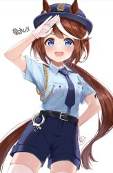 Rule 34 | aiguillette, alternate costume, animal ears, blue eyes, blue hat, blue necktie, blue shirt, blue shorts, blush, brown hair, collarbone, epaulettes, gloves, hat, highres, horse ears, horse girl, horse tail, long hair, looking at viewer, multicolored hair, necktie, police, police hat, police uniform, policewoman, ponytail, salute, shirt, shorts, tail, thighhighs, tokai teio (umamusume), translation request, two-tone hair, umamusume, uniform, white gloves, white hair, white thighhighs, yoshinon (yoshinon kotori), zettai ryouiki