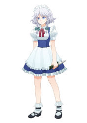 Rule 34 | 1girl, apron, blue eyes, blue skirt, bow, braid, frilled apron, frilled skirt, frilled socks, frills, full body, gradient hair, grey hair, hair bow, holding, holding weapon, izayoi sakuya, knife, legs, maid, maid apron, maid headdress, mary janes, marydill, multicolored hair, puffy sleeves, ribbon, shoes, short sleeves, simple background, skirt, socks, solo, touhou, twin braids, weapon, white background
