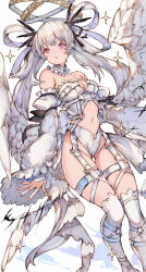 Rule 34 | 1girl, breasts, cleavage, clothing cutout, collar, commentary, detached collar, detached sleeves, dutch angle, feathered wings, frilled collar, frills, groin, hair rings, highres, kemomin nosuke, long hair, looking at viewer, medium breasts, navel, original, over-kneehighs, parted lips, purple eyes, revealing clothes, solo, stomach cutout, thighhighs, white hair, white thighhighs, white wings, wide sleeves, wings