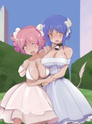 Rule 34 | 2girls, absurdres, bell, blue hair, blush, breasts, cleavage, collar, cow girl, cow horns, cow tail, cross, cross necklace, dress, drill hair, fang, hair ribbon, highres, horns, jashin-chan dropkick, jewelry, large breasts, looking at viewer, minos (jashin-chan dropkick), minos drawfag, multiple girls, neck bell, necklace, open mouth, outdoors, pink hair, pino (jashin-chan dropkick), red eyes, ribbon, short hair, tail, tears, yuri