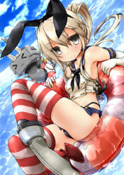 Rule 34 | &gt; &lt;, 10s, 1girl, :3, afloat, alternate hairstyle, anchor, ass, ayuya naka no hito, bare shoulders, black eyes, black panties, blonde hair, blush, closed eyes, elbow gloves, flat chest, floating, gloves, hair ornament, hair ribbon, innertube, kantai collection, leg lift, long hair, looking at viewer, lying, navel, on back, panties, pantyshot, personification, ponytail, rensouhou-chan, ribbon, sailor collar, sanoharu, school uniform, shimakaze (kancolle), skirt, smile, solo, striped clothes, striped thighhighs, swim ring, thighhighs, underwear, upskirt, water, wet, white gloves