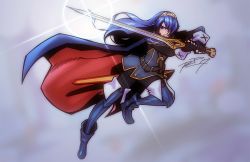 Rule 34 | 1girl, armor, bad id, bad twitter id, belt, blue eyes, blue footwear, blue hair, blue thighhighs, boots, cape, colorized, fighting stance, fingerless gloves, fire emblem, fire emblem awakening, full body, gloves, hair over one eye, lens flare, long hair, lucina (fire emblem), nintendo, pauldrons, robaato, shoulder armor, solo, striped clothes, striped thighhighs, sword, teeth, thigh boots, thighhighs, tiara, tunic, vertical-striped clothes, vertical-striped thighhighs, weapon, wrist cuffs