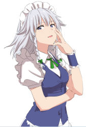 Rule 34 | 1girl, :d, apron, blue eyes, blue skirt, blue vest, bow, braid, breasts, commentary request, green bow, green ribbon, hair between eyes, hair bow, hand on own cheek, hand on own face, hand up, izayoi sakuya, leon (mikiri hassha), long hair, looking at viewer, maid, maid apron, maid headdress, medium breasts, neck ribbon, open mouth, puffy short sleeves, puffy sleeves, ribbon, shirt, short sleeves, silver hair, simple background, skirt, skirt set, smile, solo, touhou, twin braids, vest, waist apron, white apron, white background, white shirt, wrist cuffs