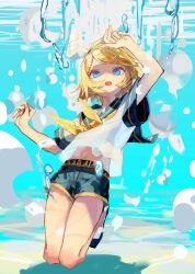 Rule 34 | 1girl, absurdres, air bubble, belt, black shorts, blonde hair, blue eyes, bow, bubble, colored eyelashes, floating hair, gozenjuziame, hair bow, hair ornament, hairclip, highres, immersed, kagamine rin, kneeling, looking up, midriff, navel, neckerchief, open mouth, sailor collar, sand, see-through silhouette, short hair, short sleeves, shorts, solo, submerged, underwater, vocaloid, white bow, yellow belt, yellow nails, yellow neckerchief