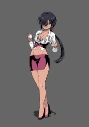 Rule 34 | 1girl, black eyes, black footwear, black hair, black skirt, black vest, bow, breasts, card, cleavage, collared shirt, commentary request, dark-skinned female, dark skin, formal, full body, girls und panzer, grey background, grin, groin, hair bow, hair over one eye, head, high heels, holding, holding card, legs, long hair, long sleeves, looking at viewer, medium breasts, miniskirt, navel, no headwear, ogin (girls und panzer), pencil skirt, playing games, ponytail, red bow, sabaku, shirt, shuffling cards, side slit, simple background, skirt, smile, solo, standing, vest, white shirt