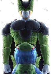 Rule 34 | 1boy, 1girl, armor, backpack, bag, blue hair, cell (dragon ball), clenched hands, colored skin, crossover, dragon ball, dragonball z, evil grin, evil smile, grin, hair bobbles, hair ornament, hat, helmet, kawashiro nitori, komimiyako, komitsu, long sleeves, muscular, short hair, short twintails, smile, smirk, touhou, twintails, two side up, white skin, wings