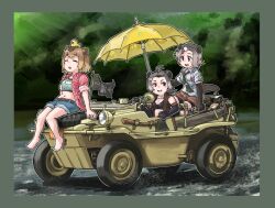 Rule 34 | 3girls, absurdres, american beaver (kemono friends), amphibious ground vehicle, animal ears, antenna hair, axe, barefoot, beach umbrella, beaver ears, beaver tail, belt, bike shorts, bike shorts under shorts, black eyes, black hair, border, bra, brown eyes, brown hair, capybara (kemono friends), car, closed eyes, commentary request, day, driving, elbow gloves, eurasian beaver (kemono friends), extra ears, flag, fur collar, gloves, green sports bra, grey hair, hair ornament, hairclip, hand saw, highres, kemono friends, looking at another, medium hair, motor vehicle, multicolored hair, multiple girls, necktie, object on head, on vehicle, open clothes, open mouth, open shirt, open vest, outdoors, plaid, plaid shirt, river, rubber duck, saw, schwimmwagen, shirt, short sleeves, shorts, sidelocks, sitting, smile, sports bra, steering wheel, tail, toriny, torn clothes, torn sleeves, umbrella, underwear, vest, water
