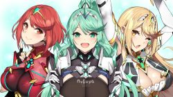 Rule 34 | 3girls, :d, ;o, armor, arms up, blonde hair, blush, breasts, chest jewel, cleavage, earrings, female focus, fingerless gloves, gloves, green eyes, green hair, index finger raised, jewelry, large breasts, long hair, looking at viewer, matching hair/eyes, multiple girls, multiple persona, mythra (xenoblade), nintendo, one eye closed, open mouth, pneuma (xenoblade), ponytail, pyra (xenoblade), red eyes, red hair, short hair, smile, spoilers, swept bangs, tiara, upper body, xenoblade chronicles (series), xenoblade chronicles 2, yappen, yellow eyes