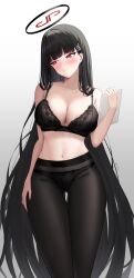 Rule 34 | 1girl, absurdres, black bra, black hair, black pantyhose, blue archive, blunt bangs, blush, bra, breasts, cleavage, closed mouth, commentary request, doham, facing viewer, hair ornament, hairclip, halo, highres, hime cut, holding, holding tablet pc, lace, lace-trimmed bra, lace trim, large breasts, long hair, looking away, looking to the side, navel, panties, panties under pantyhose, pantyhose, red eyes, rio (blue archive), solo, stomach, straight hair, tablet pc, thigh gap, thighs, underwear, very long hair, wavy mouth
