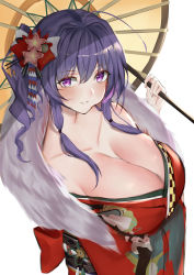 Rule 34 | 1girl, absurdres, ahoge, alternate costume, azur lane, blue hair, blush, breasts, cleavage, commentary request, flower, fur collar, hair between eyes, hair flower, hair ornament, highres, holding, holding umbrella, japanese clothes, kimono, large breasts, ljpwow, long hair, long sleeves, looking at viewer, obi, oil-paper umbrella, parted lips, purple eyes, red flower, red kimono, sash, sidelocks, simple background, solo, st. louis (azur lane), st. louis (spirits in the snow) (azur lane), umbrella, white background, wide sleeves