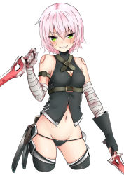 Rule 34 | 1girl, bandaged arm, bandages, bare shoulders, baretto (karasi07), belt, black panties, black thighhighs, blood, blood stain, blush, breasts, dual wielding, eyes visible through hair, fate/apocrypha, fate (series), fingerless gloves, gloves, green eyes, highres, holding, jack the ripper (fate/apocrypha), knife, looking at viewer, medium breasts, navel, panties, reverse grip, scar, short hair, shoulder tattoo, silver hair, simple background, single glove, smile, solo, tattoo, teeth, thighhighs, underwear, weapon, white background