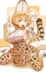 Rule 34 | 10s, 1girl, animal ears, bare shoulders, blonde hair, blush, bow, bowtie, breasts, claw pose, colk, elbow gloves, fangs, gloves, highres, kemono friends, looking at viewer, open mouth, serval (kemono friends), serval print, serval tail, shirt, short hair, sideboob, sitting, skirt, smile, solo, tail, wariza