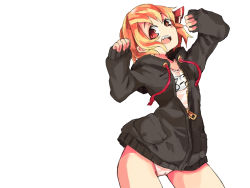 Rule 34 | 1girl, :d, :o, arms up, black jacket, blonde hair, blush, cameltoe, contrapposto, fang, hair ornament, hair ribbon, hands in opposite sleeves, highres, jacket, long sleeves, looking at viewer, one-piece swimsuit, open clothes, open jacket, open mouth, paw pose, pocket, red eyes, ribbon, rumia, school swimsuit, short hair, simple background, smile, solo, standing, swimsuit, teeth, touhou, unzipped, wet, wet clothes, wet swimsuit, white background, white school swimsuit, white one-piece swimsuit, yunuki uta, zipper