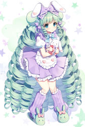Rule 34 | 1girl, :o, animal ears, apron, blue eyes, borrowed character, bow, commentary request, commission, drill hair, frilled apron, frilled bow, frilled skirt, frills, full body, green footwear, green hair, hair bow, heart, highres, kneehighs, long hair, looking at viewer, mauve, hugging object, original, parted lips, pixiv commission, pleated skirt, puffy short sleeves, puffy sleeves, purple bow, purple skirt, purple socks, rabbit ears, shirt, short sleeves, simple background, skirt, slippers, socks, solo, standing, star (symbol), starry background, stuffed animal, stuffed rabbit, stuffed toy, very long hair, waist apron, white apron, white background, white shirt