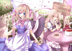 Rule 34 | 2girls, :d, alice margatroid, bad id, bad pixiv id, blonde hair, blue eyes, blush, bow, cake, head rest, cookie, cup, dress, female focus, flower, food, hairband, hat, unworn hat, unworn headwear, hourai doll, kirisame marisa, long hair, looking at viewer, mouth hold, multiple girls, nanase nao, open mouth, petals, plate, short hair, sitting, smile, table, touhou, wind, wings, witch, witch hat, yellow eyes