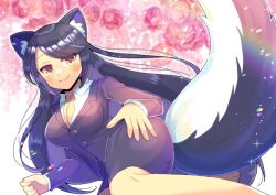 Rule 34 | 1girl, animal ear fluff, black hair, black jacket, black skirt, blush, breasts, brown eyes, cleavage, closed mouth, collared shirt, commentary request, commission, dress shirt, feet out of frame, floral background, flower, formal, jacket, kou hiyoyo, large breasts, long hair, long sleeves, looking at viewer, original, pencil skirt, pink flower, pink rose, rose, shirt, skeb commission, skirt, skirt suit, skunk ears, skunk girl, skunk tail, smile, solo, suit, swept bangs, very long hair, white shirt