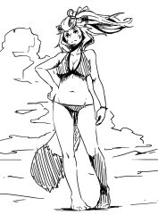Rule 34 | 1girl, animal ear fluff, animal ears, arm at side, bare shoulders, barefoot, bikini, breasts, cleavage, closed mouth, cloud, collarbone, day, facial mark, feet, female focus, full body, greyscale, half-closed eyes, hand on own hip, highres, kame (3t), legs, long hair, looking at viewer, medium breasts, monochrome, navel, original, outdoors, ponytail, raccoon ears, raccoon girl, raccoon tail, rin-chan (kame (3t)), sidelocks, sketch, solo, split mouth, standing, stomach, swept bangs, swimsuit, tail, thighs, white background, wind