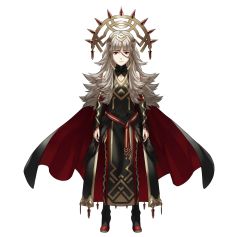 Rule 34 | 1girl, cape, child, crown, dress, feathers, fire emblem, fire emblem heroes, full body, grey hair, highres, kozaki yuusuke, long hair, official art, red eyes, solo, thighhighs, transparent background, veronica (fire emblem)