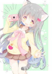 Rule 34 | 1girl, :d, animal ear fluff, animal ears, bad id, bad pixiv id, blush, bow, brown eyes, brown shirt, brown skirt, butterfly hair ornament, camera, commentary request, fukaya rin, green background, grey hair, hair between eyes, hair ornament, hand up, highres, holding, holding camera, long hair, looking at viewer, open mouth, original, pink bow, pleated skirt, shirt, skirt, smile, solo, star (symbol), striped tail, tail, tiger ears, tiger girl, tiger tail, two-tone background, very long hair, white background
