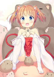 Rule 34 | &gt; &lt;, 1girl, :d, ahoge, animal, animal ear fluff, animal ears, bare shoulders, blue eyes, blush, bow, collarbone, commentary request, detached sleeves, closed eyes, flower, frilled skirt, frills, hair flower, hair ornament, hamster, hamster ears, highres, knees up, looking at viewer, no shoes, ochinsama, open mouth, orange hair, original, pleated skirt, purple flower, red bow, red flower, red skirt, ribbon-trimmed sleeves, ribbon trim, seed, sidelocks, sitting, sitting on animal, skirt, smile, solo, sunflower seed, thighhighs, twintails, white sleeves, white thighhighs, | |, || ||