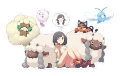 Rule 34 | 1girl, :p, arm support, bare legs, black hair, bob cut, closed eyes, creatures (company), floral print, fluffy, full body, game freak, gen 3 pokemon, gen 5 pokemon, gen 6 pokemon, gen 7 pokemon, gen 8 pokemon, green shorts, heart, holding, holding hair, knees up, litten, looking at another, mk (mikka), nintendo, no headwear, pokemon, pokemon (creature), pokemon sm, pokemon usum, red footwear, selene (pokemon), shirt, shoe soles, shoes, short hair, short shorts, short sleeves, shorts, simple background, sitting, spoken character, swablu, swept bangs, swirlix, t-shirt, thought bubble, tied shirt, tongue, tongue out, whimsicott, white background, wooloo