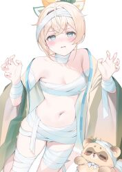 1girl ahoge bandaged_arm bandaged_head bandaged_leg bandaged_waist bandages barefoot blonde_hair blue_eyes blush bow breasts chest_sarashi claw_pose cleavage commentary_request crossed_bangs double-parted_bangs hair_between_eyes hair_bow hands_up haori highres hololive jacket japanese_clothes kazama_iroha kazama_iroha_(1st_costume) kneeling looking_at_viewer medium_breasts medium_hair multicolored_bow navel open_clothes open_jacket pokobee ponytail ryuya sarashi simple_background solo stomach virtual_youtuber white_background wide_sleeves yellow_haori