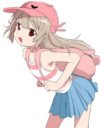 Rule 34 | 1girl, :d, alternate costume, backpack, bag, bare shoulders, blue skirt, commentary request, flat chest, grey hair, holding strap, kaijarisuigyo, leaning forward, long hair, looking at viewer, natori sana, open mouth, pink headwear, pleated skirt, red eyes, sana channel, shirt, simple background, skirt, sleeveless, sleeveless shirt, smile, solo, standing, striped clothes, striped shirt, virtual youtuber, white background