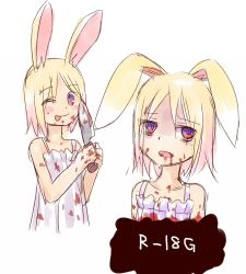 Rule 34 | :p, animal ears, blonde hair, blood, child, dress, flat chest, holding, knife, looking at viewer, lowres, one eye closed, rabbit ears, short hair, simple background, stain, tongue, tongue out, wink, yuyuzuki (yume usagi)