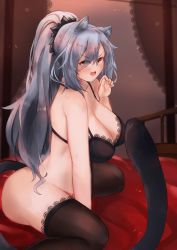 Rule 34 | 1girl, absurdres, animal ears, arknights, bare shoulders, black bra, black legwear, bottomless, bra, breasts, cat ears, cat tail, cleavage, commentary, hand up, highres, indoors, lace, lace-trimmed bra, lace-trimmed legwear, lace trim, large breasts, long pointy ears, open mouth, pointy ears, ponytail, schwarz (arknights), sitting, solo, tail, thighs, underwear, underwear only, wariza, yujieai