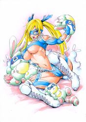 Rule 34 | 1990s (style), 1girl, bad id, bad pixiv id, blue eyes, boots, breasts, cameltoe, capcom, cleavage, cleft of venus, fat mons, highres, hip focus, huge breasts, joushima, mask, muscular, muscular female, navel, rainbow mika, retro artstyle, solo, street fighter, street fighter zero (series), traditional media, underboob, underwear, underwear only, wide hips