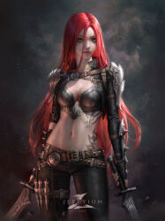 Rule 34 | 1girl, 2023, absurdres, artist name, belt, breasts, brown belt, cleavage, closed mouth, dual wielding, expressionless, green eyes, highres, holding, holding weapon, jerry loh, katarina (league of legends), knife, knife belt, large breasts, league of legends, long hair, looking at viewer, navel, red hair, red lips, scar, shoulder plates, skull print, stomach, stomach tattoo, tattoo, weapon