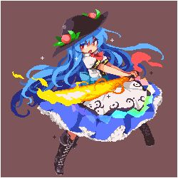 Rule 34 | 1girl, apron, back bow, black footwear, black headwear, blue bow, blue hair, blue skirt, boots, bow, brown background, check commentary, commentary, commentary request, cross-laced footwear, food, fruit, hinanawi tenshi, holding, holding sword, holding weapon, knee boots, kumamoto (bbtonhk2), lace-up boots, long hair, lowres, open mouth, peach, pixel art, puffy short sleeves, puffy sleeves, red eyes, red neckwear, red ribbon, ribbon, shide, shirt, short sleeves, simple background, skirt, solo, sparkle, sword, sword of hisou, touhou, two-handed, very long hair, waist apron, weapon, white shirt