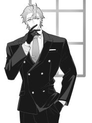 Rule 34 | 1boy, achilles (fate), breast pocket, collared shirt, cowboy shot, fate/grand order, fate (series), gloves, hand in pocket, hand to own mouth, haruakira, highres, jacket, long sleeves, looking to the side, male focus, mature male, monochrome, necktie, pants, pocket, shirt, short hair, solo, suit jacket, tie clip, window