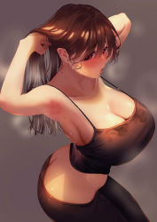 Rule 34 | 1girl, absurdres, adjusting hair, armpits, arms behind head, ass, black tank top, blush, breasts, brown eyes, brown hair, butt crack, camisole, cleavage, collarbone, commentary request, crop top, duplicate, from above, from side, grey background, hair between eyes, highres, huge filesize, inushima, large breasts, long hair, midriff, open mouth, original, pants, revision, sideboob, simple background, sweat, tank top, twisted torso, yoga pants