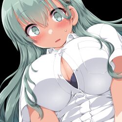 Rule 34 | 1girl, black background, blush, bra, breast pocket, breasts, buttons, collared shirt, commentary, dated, dd (ijigendd), green eyes, green hair, hair between eyes, hair ornament, hair over breasts, hairclip, highres, kantai collection, large breasts, long hair, open mouth, pocket, purple bra, shirt, short sleeves, sidelocks, signature, simple background, solo, suzuya (kancolle), twitter username, underwear, upper body, wardrobe malfunction, white shirt