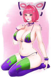 Rule 34 | 1girl, adapted costume, armpit crease, artist name, bead necklace, beads, bell, bikini, blush, border, breasts, choker, collarbone, commentary, creatures (company), drill hair, drill sidelocks, eyelashes, game freak, green bikini, green thighhighs, hair ornament, hairband, hand up, highres, jewelry, klara (pokemon), large breasts, looking at viewer, medium hair, nail polish, navel, neck bell, necklace, nintendo, no shoes, pink background, pink lips, pokemon, pokemon swsh, purple bikini, purple choker, purple eyes, purple nails, purple thighhighs, ring, scrunchie, shadow, side-tie bikini bottom, sidelocks, skindentation, skull hair ornament, smile, solo, stomach, sweatdrop, swimsuit, thighhighs, triomegis, twitter username, two-tone bikini, two-tone legwear, two-tone thighhighs, white border, white hairband, wrist scrunchie