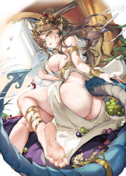 Rule 34 | 1girl, ass, barefoot, brown hair, butt crack, dragon tail, feet, highres, horns, light blush, long hair, looking at viewer, parted lips, pointy ears, soles, tail, toes, xun li eins, yellow eyes