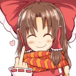 Rule 34 | 1girl, ^ ^, absurdres, benikurage (cookie), blush, bow, brown eyes, brown hair, closed eyes, commentary request, cookie (touhou), detached sleeves, closed eyes, false smile, hair bow, hair ribbon, hair tubes, hakurei reimu, heart, highres, long hair, middle finger, nnns, ribbon, ribbon-trimmed sleeves, ribbon trim, scarf, smile, solo, touhou